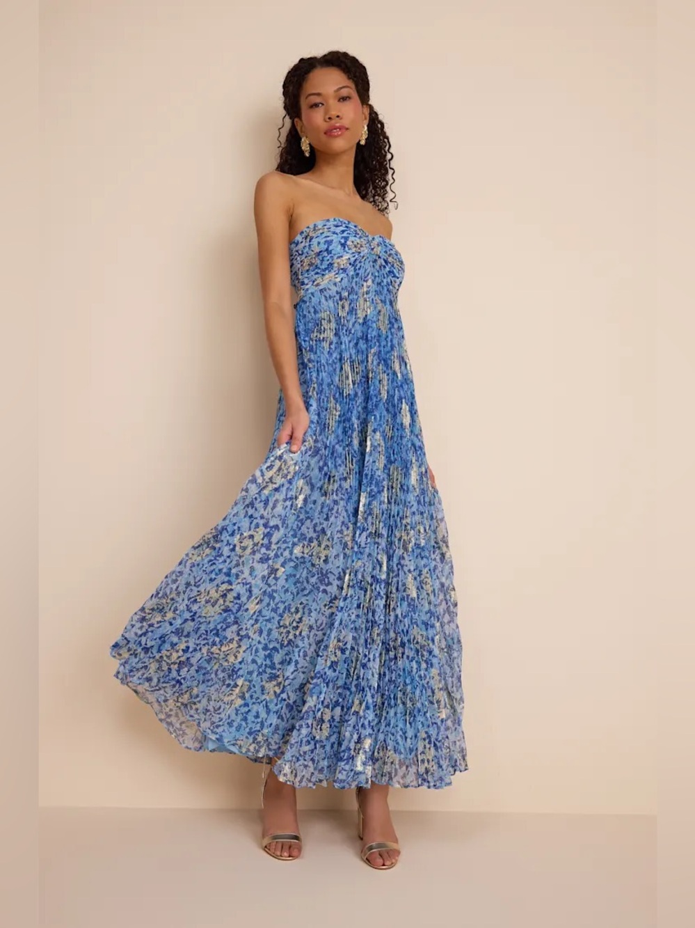 Lulus Lynwen Blue Abstract Pleated Strapless Maxi Dress large NWT